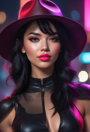 Portrait of a beautiful asian woman in black leather jacket and hatの素材