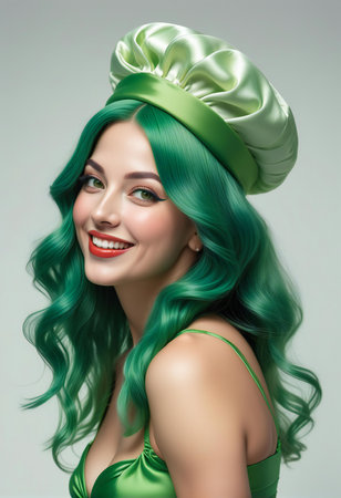 Portrait of a beautiful young woman with green hair and a bow on her headの素材