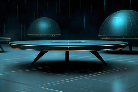a round table in a dark room. Futuristic backgroundの素材