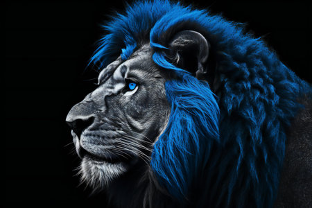 Lion with blue hair on black background.の素材