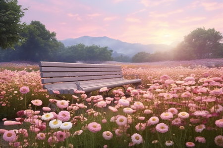 Wooden bench in the pink cosmos flower field at sunset time.の素材