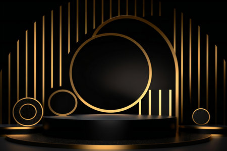 Black and gold round pedestal on black background.の素材