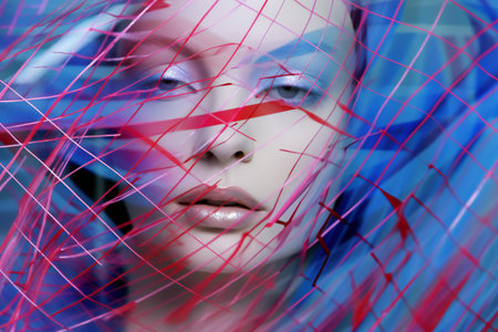 a female face with red lines in her hairの素材