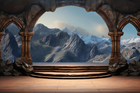 fantasy scene with stage and mountains in the backgroundの素材