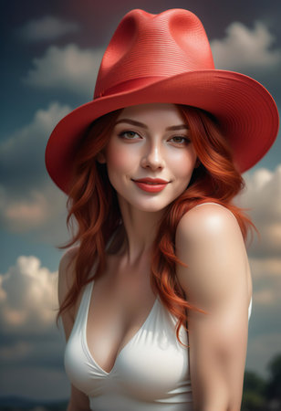 Beautiful young woman with red hair in a hat on the background of the skyの素材
