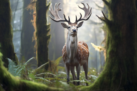 Fallow deer in the misty forest.の素材