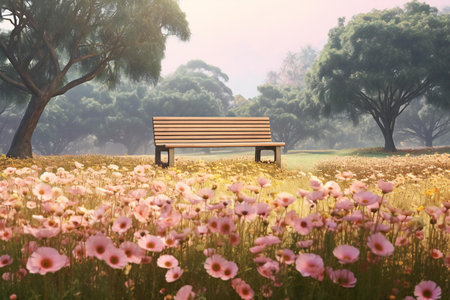 Bench in the meadow with pink cosmos flower, vintage color toneの素材