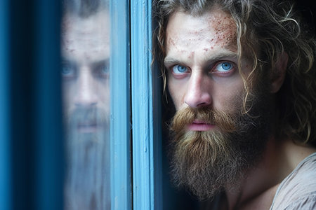 Portrait of a young man with a long beard and moustache looking through the windowの素材