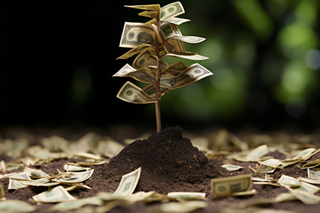 Money tree growing from a pile of dollar bills. Money growth concept.の素材