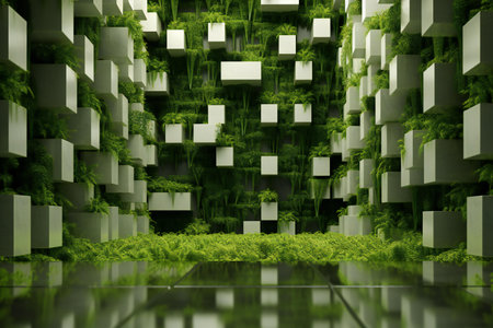 green abstract background with cubes and grass in the middleの素材