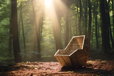 Wooden boat in the forest at sunrise with sunbeams.の素材
