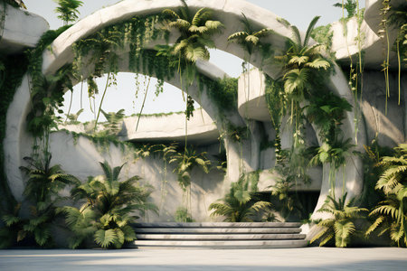Tropical garden with stone arch and palm trees. Vintage tone.の素材
