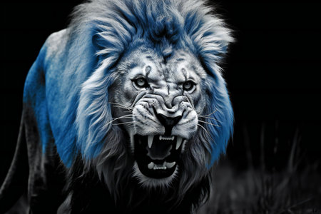 Black and white portrait of a male lion on a black background.の素材