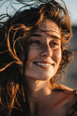 Portrait of a beautiful young woman with wet hair on the beachの素材