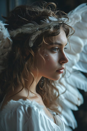 Portrait of a beautiful girl in a white dress with a bow on her headの素材