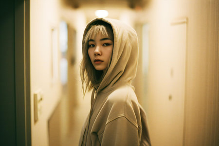 Young asian woman wearing a hoodie in the corridor of a hospitalの素材