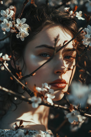 beautiful young woman in spring garden with blooming cherry tree branchesの素材