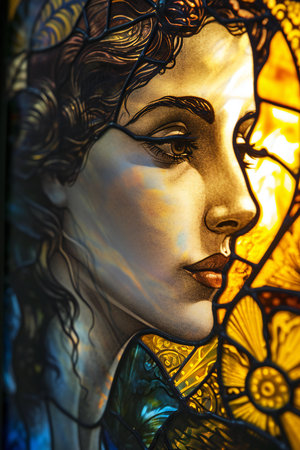 Detail of a stained glass window with a female face in the foregroundの素材