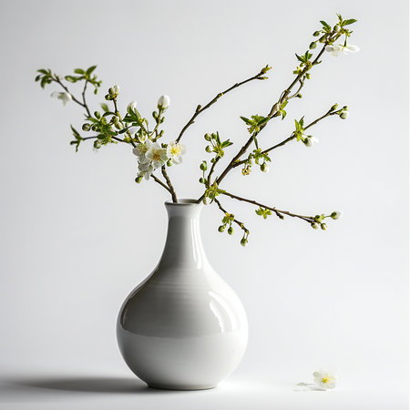 White vase with spring blossom tree branch on white background.の素材