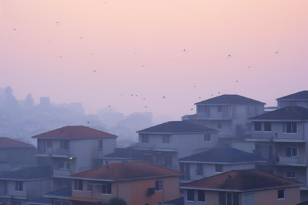 foggy morning in the city with houses and birds flying overの素材
