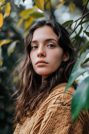 Portrait of a young beautiful brunette girl in a knitted sweater.の素材
