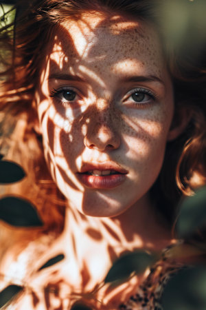 Portrait of a beautiful redhead girl with freckles on her faceの素材