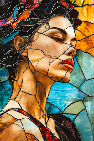 Portrait of a beautiful woman in stained glass window, close upの素材