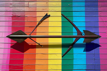 Archery arrow on the background of the rainbow painted wooden wall.の素材