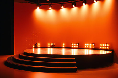 stage lighting effect in the red room with black steps and spotlightsの素材