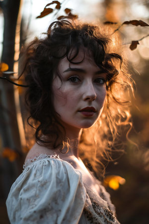 Portrait of a beautiful young woman in the autumn forest. Beauty, fashion.の素材