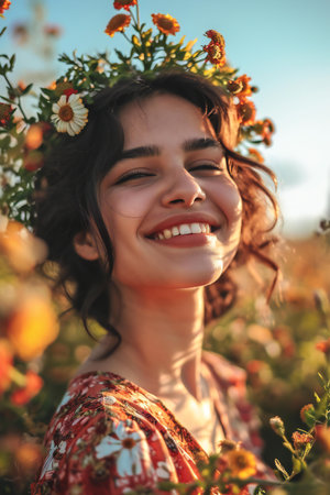 Close up portrait of a beautiful young woman with wreath of flowersの素材