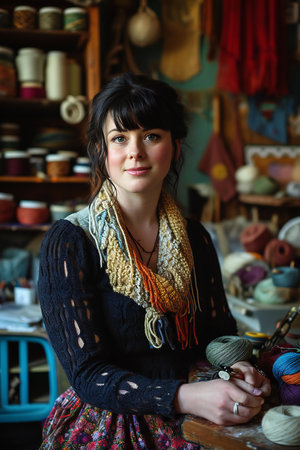 Portrait of a beautiful young woman with knitting needles in her workshopの素材