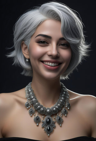 Portrait of a beautiful woman with silver jewelry on a black backgroundの素材