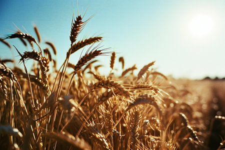 Golden ears of wheat on a background of blue sky and sun.の素材