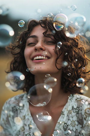 Portrait of a beautiful young woman with curly hair blowing soap bubblesの素材