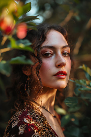 Portrait of a beautiful girl with curly hair and red lips on a background of greeneryの素材