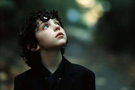 Portrait of a cute little boy in a black coat with curly hairの素材