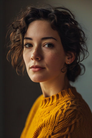 Portrait of a beautiful young woman with curly hair in a yellow sweaterの素材