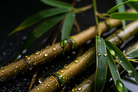 Bamboo leaves with water drops on black background. Shallow dof.の素材