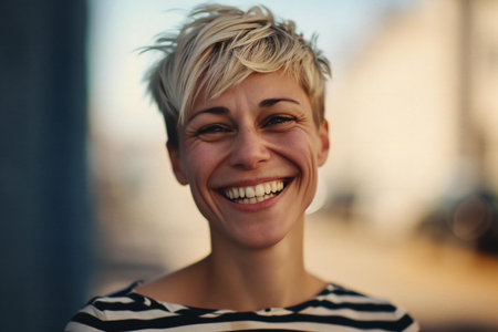 Portrait of a beautiful young woman with short blond hair smiling at the camera.の素材