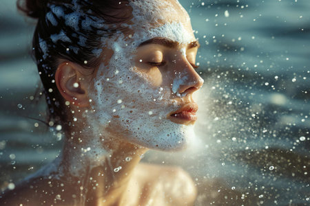 Portrait of a beautiful young woman with white foam on her face in the sea.の素材