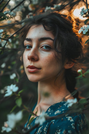 Beautiful young woman in a blooming garden. Spring portrait.の素材