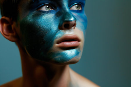 Portrait of a young man with blue paint on his face.の素材