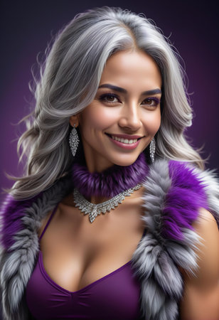 Portrait of a beautiful woman in purple fur coat. Fashion, beauty.の素材
