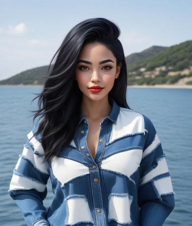 Beautiful young woman with long black hair posing on the beach.の素材