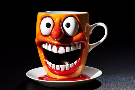 Coffee mug with smiley face isolated on black background.の素材