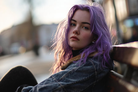 Beautiful girl with purple hair in the city. Portrait of a girl with violet hair.の素材