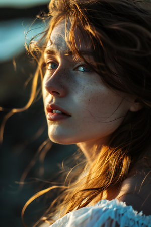 Portrait of a beautiful young woman with freckles on her faceの素材