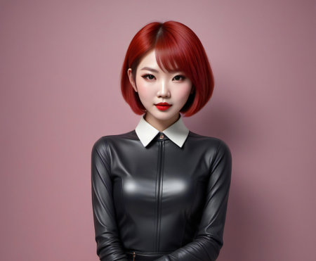Beautiful asian woman in black leather jacket with red hair.の素材