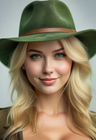 portrait of a beautiful blonde girl in a green hat, on a gray backgroundの素材